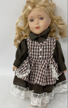 Load image into Gallery viewer, Blonde Curly Hair Brown Eyes Porcelain Doll In Removable Multicolor Dress
