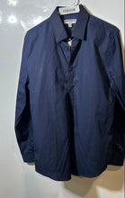 Load image into Gallery viewer, Express Mens Blue Black Polka Dot Cotton Fitted Long Sleeve Dress Shirt Size M
