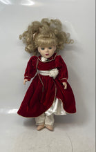 Load image into Gallery viewer, Blonde Curly Hair Green Eyes Decorative Porcelain Doll In Red &amp; White Maxi Dress
