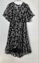 Load image into Gallery viewer, Calvin Klein Womens Black White Floral Flutter Sleeve Wrap Dress Size 14
