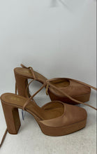 Load image into Gallery viewer, Zara Womens Brown Satin Ankle Strap Buckle Block Platform Heels Size 40

