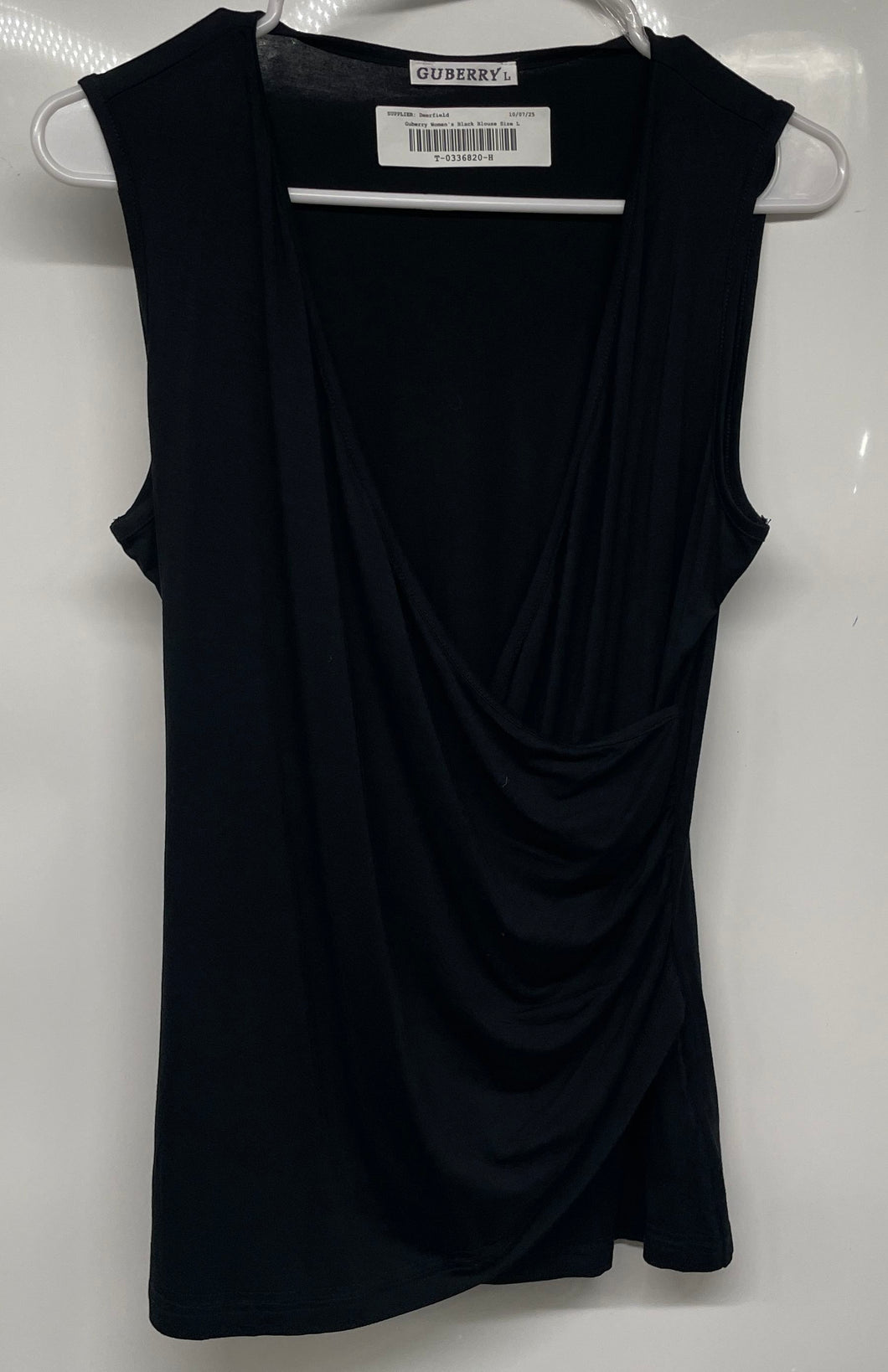 Guberry Womens Black Sleeveless Ruched Surplice V-Neck Blouse Top Size Large