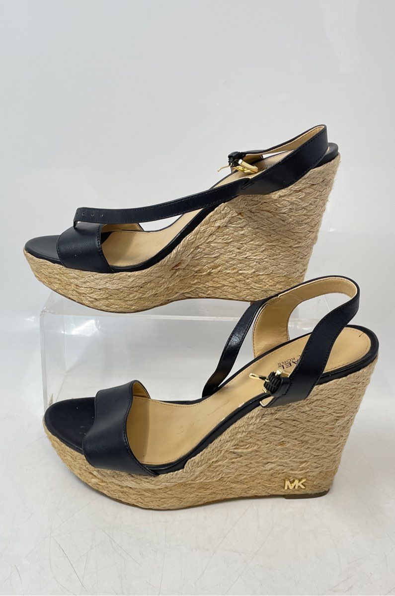 Michael Kors Womens Black Leather Open Toe Wedge espadrilles Sandals Size 7.5M