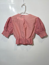 Load image into Gallery viewer, Zara Womens Pink Embroidered Short Sleeve Smocked Waist Cropped Blouse Top Sz XS
