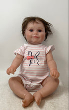 Load image into Gallery viewer, RBG Baby Doll Pink White Striped Bunny Outfit Brown Hair Toy Stained
