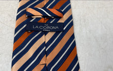 Load image into Gallery viewer, La Corona Roma Mens Orange Blue White Striped Silk Adjustable Long Designer Tie
