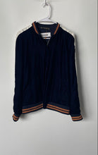 Load image into Gallery viewer, Zara Womens Navy Blue Trafaluc Velvet Back Embroidered Bomber Jacket Size S
