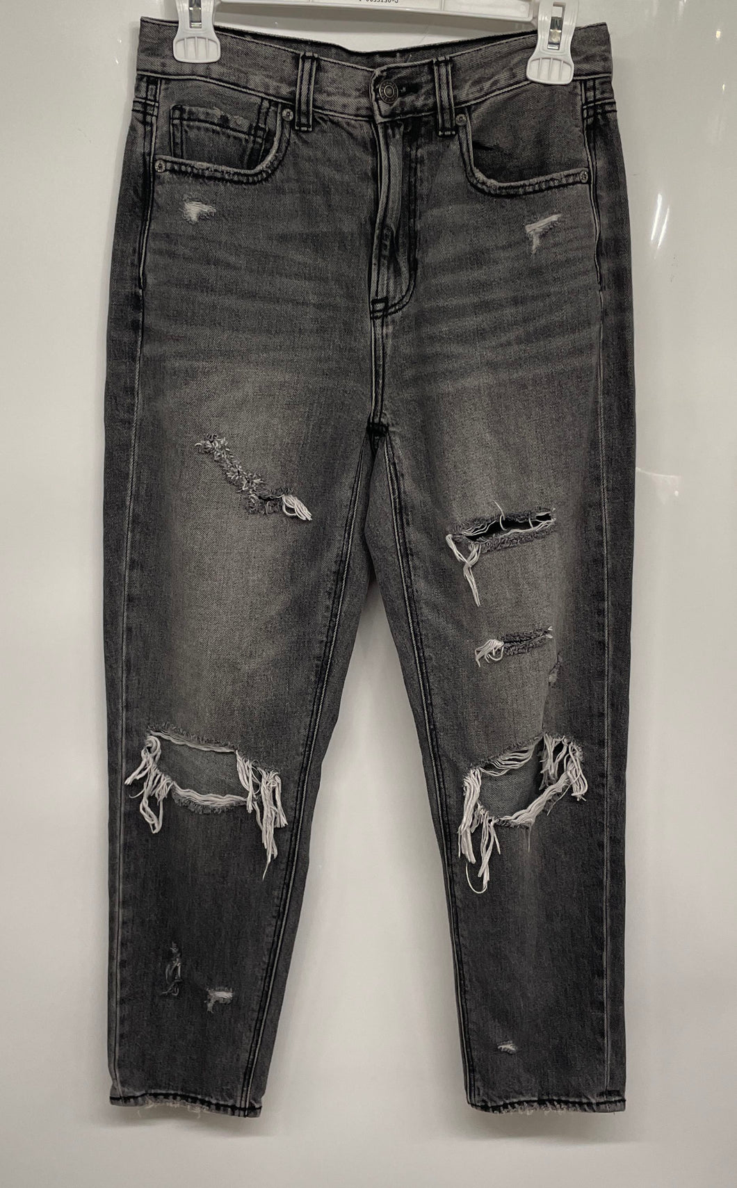 American Eagle Womens Black Cotton Denim High-Rise Distressed Mom Jeans Size 2