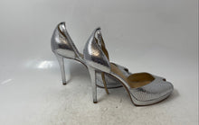 Load image into Gallery viewer, Michael Kors Womens Tiegan Silver Snakeskin Embossed Ankle Strap Heels Size 8.5M
