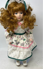 Load image into Gallery viewer, Vintage Curly Brown Hair And Blue Eyes Collectible Porcelain Doll In White Dress
