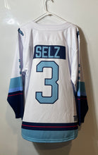 Load image into Gallery viewer, Troy Adults White Red &amp; Blue Florida Alliance #3 Long Sleeve Hockey Jersey Sz S
