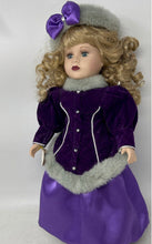 Load image into Gallery viewer, Blonde Curly Hair Blue Eyes Collectible Porcelain Doll With Purple Outfit
