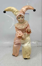 Load image into Gallery viewer, Vintage Collectible Porcelain Harlequin Doll In Cream And Pink Polka Dot Costume
