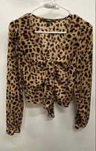 Load image into Gallery viewer, Express Womens Brown Animal Print Long Sleeve V-Neck Cropped Blouse Top Size S
