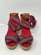Load image into Gallery viewer, Authentic Tory Burch Womens Red Beige Wedge Espadrille Sandals Size 7B Damaged

