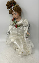 Load image into Gallery viewer, Blonde Curly Hair Green Eyes Porcelain Doll In Removable White Maxi Dress
