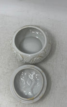 Load image into Gallery viewer, White Floral Engraved Porcelain Vanity Collectible Round Trinket Box With Lid
