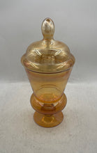 Load image into Gallery viewer, Vintage Arise &amp; Restore Amber Engraved Glass Pedestal Apothecary Urn With Lid
