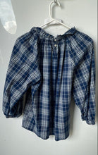 Load image into Gallery viewer, J.Crew Womens Blue Plaid Long Raglan Sleeve Smocked Ruffle Neck Blouse Top Sz XS
