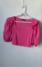 Load image into Gallery viewer, Zara Womens Pink Short Ruffle Sleeve Square Neck Ribbed Cropped Blouse Top Sz M
