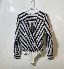 Load image into Gallery viewer, Bebe Womens Black &amp; White Striped Long Sleeve One-Piece Bodysuit Size Small
