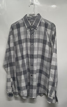 Load image into Gallery viewer, Express Mens Gray White Plaid Long Sleeve Spread Collar Dress Shirt Size XL
