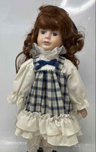 Load image into Gallery viewer, Vintage Geppeddo Collectible Porcelain Doll In Stand With Plaid Dress Outfit
