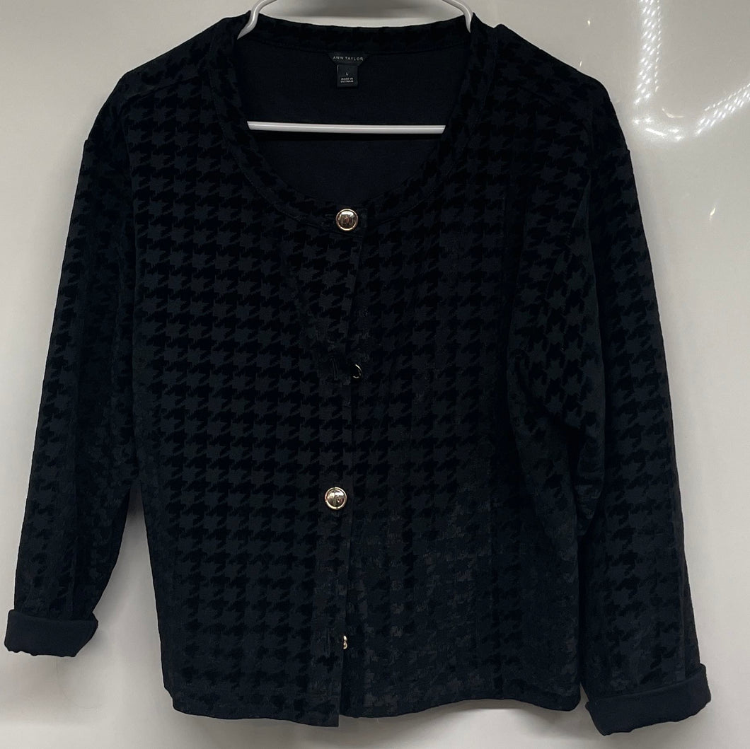 Ann Taylor Womens Black Houndstooth Long Sleeve Button Front Jacket Size Large