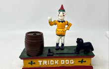 Load image into Gallery viewer, Vintage Cast Iron Trick Dog Circus Clown Barrel Figure Mechanical Coin Bank
