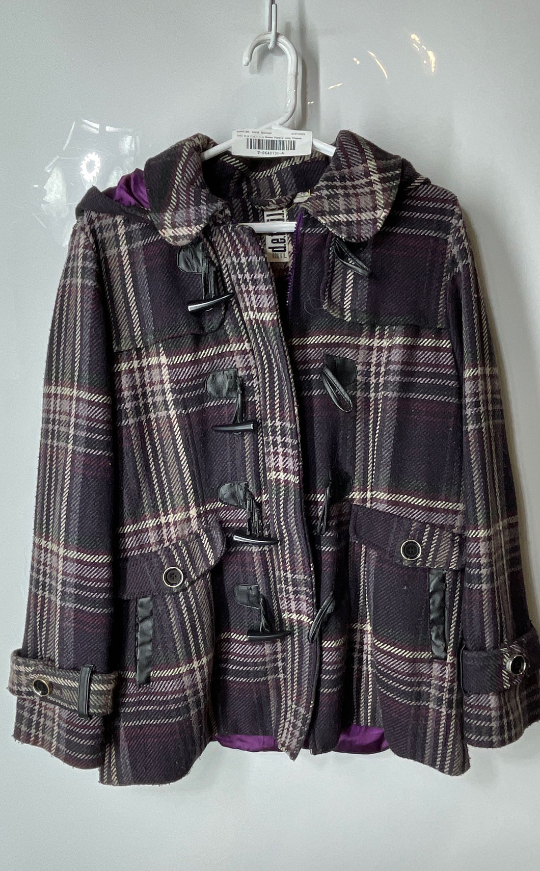 INTL D.e.t.a.i.l.s Womens Purple Plaid Long Sleeve Toggle Hooded Jacket Size L
