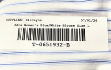 Load image into Gallery viewer, Zara Womens Blue White Striped Cuffed Short Sleeve Button Front Blouse Top Sz L
