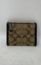 Load image into Gallery viewer, Coach Womens Brown Signature Leather Trim Credit Card ID Window Trifold Wallet
