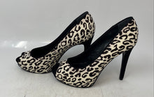 Load image into Gallery viewer, Guess Womens Black White Animal Print Peep-Toe Stiletto Pump Heels Size 6.5M
