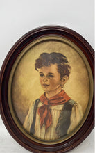 Load image into Gallery viewer, Vintage Boy Wearing Red Scarf &amp; Green Vest Chiko Oval Framed Portrait Art Print
