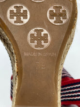 Load image into Gallery viewer, Authentic Tory Burch Womens Red Beige Wedge Espadrille Sandals Size 7B Damaged
