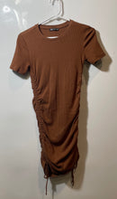 Load image into Gallery viewer, Zara Womens Brown Ruched Crew Neck Ribbed Short Sleeve Mini Dress Size Medium
