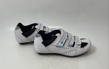 Load image into Gallery viewer, Ergo Womens Flywheel Fly Fierce White Black &amp; Blue Cycling Shoes Size 6
