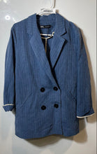 Load image into Gallery viewer, Zara Womens Blue Striped Long Sleeve Double-Breasted Two-Button Blazer Size XS

