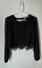 Load image into Gallery viewer, Chloe K Womens Black Lace Overlay Long Sleeve Round Neck Cropped Blouse Top Sz M
