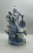 Load image into Gallery viewer, Chinese White Blue Gold Porcelain Statue Of Man With Fish Riding Horse Figurine
