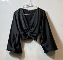 Load image into Gallery viewer, Zara Womens Black Satin Bell Sleeve V-Neck Knotted Cropped Blouse Top Size XS
