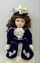 Load image into Gallery viewer, Vintage Collectible Brown Curly Hair Porcelain Doll In Victorian Dress w/ Stand
