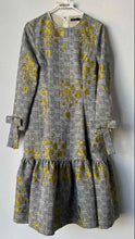 Load image into Gallery viewer, Apparalel Womens Gray Gold Floral Plaid Brocade Ruffle Fit &amp; Flare Dress Size S

