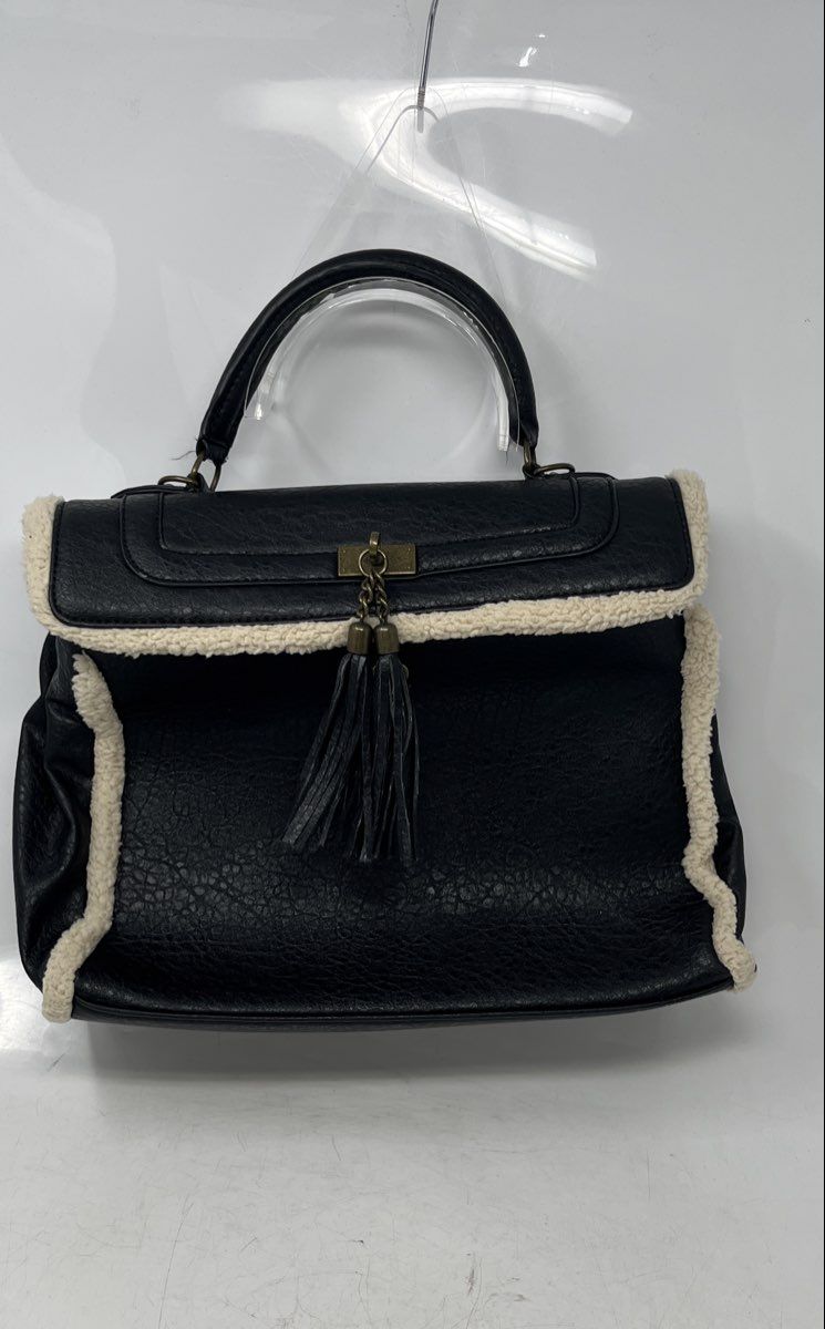 Aldo Womens Black Beige Faux Leather Tassel Double Handle Satchel Handbag