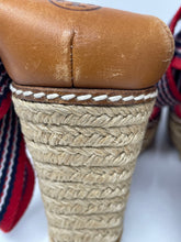 Load image into Gallery viewer, Authentic Tory Burch Womens Red Beige Wedge Espadrille Sandals Size 7B Damaged
