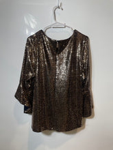 Load image into Gallery viewer, Kasper Womens Black Gold Sequin 3/4 Bell Sleeve Keyhole Blouse Top Sz 1X w/ Tag
