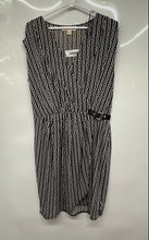 Load image into Gallery viewer, Michael Kors Womens Black White Geometric Cap Sleeve Buckle Faux Wrap Dress Sz L
