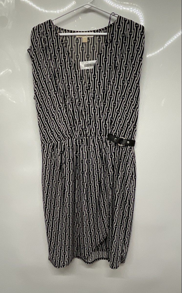 Michael Kors Womens Black White Geometric Cap Sleeve Buckle Faux Wrap Dress Sz L