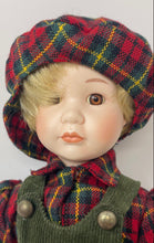 Load image into Gallery viewer, Blonde Hair Home Decorative Porcelain Doll With Green Corduroy Overalls &amp; Hat
