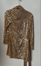 Load image into Gallery viewer, Zara Womens Gold Sequin Long Sleeve Tie Waist Short Wrap Dress Size XS
